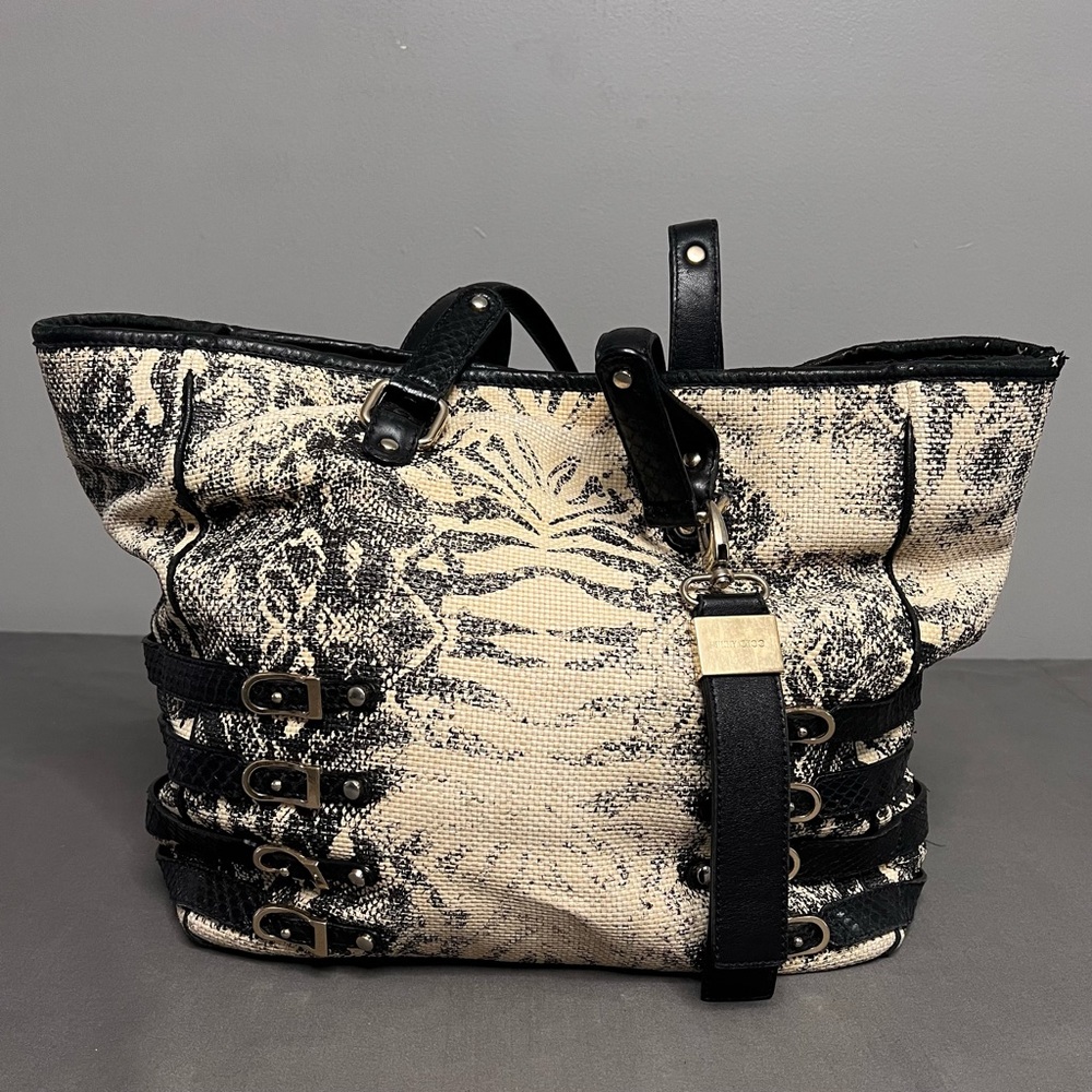 Jimmy Choo Babeth Black/Beige Printed Raffia Shopper Tote Leather Belted Straps